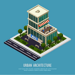 城市建筑等距背景海报与公共购物