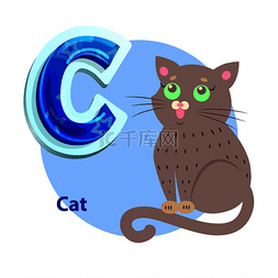 儿童英语教育图片_猫可爱的绿色眼睛的宠物辅音表示