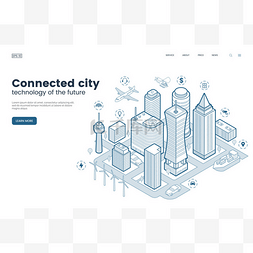 智慧城市等距细线插图。情报建筑