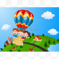 卡通热气球人图片_快乐的孩子乘热气球