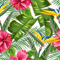 有热带树叶和花朵的无缝图案。