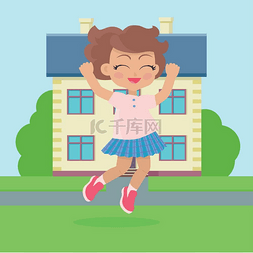 教育in图片_Girls Jumping with Jump in Front of Cottage.