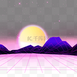 紫色立体山峰黄色圆月抽象科技光