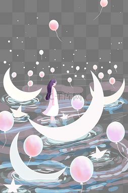 梦幻紫色唯美河流月亮星星女孩