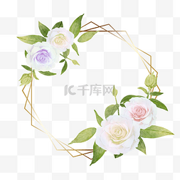 复古淡雅背景图片_白玫瑰水彩婚礼多边形边框