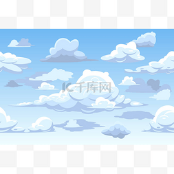 模式图片_矢量卡通蓝色多云的天空水平无缝