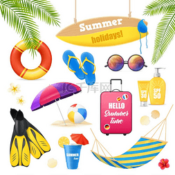 夏天度假海报图片_海滩度假现实主义物品集暑假热带