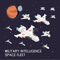 军事背景3图片_等距组合与军用太空船在背景上飞