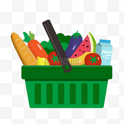 卡通绿色水果图片_超市食物绿色购物篮子