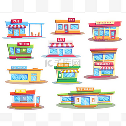 Building icons of fast food restaurant and ca