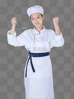 年轻女厨师手握拳加油
