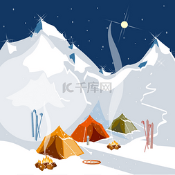 滑雪山卡通图片_露营在帐篷里山