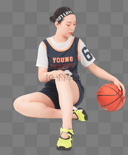 美女坐着地上摸着篮球
