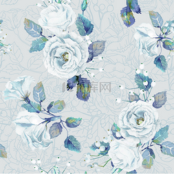 花卉无缝背景图片_无缝模式的矢量水彩蓝玫瑰.