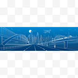 手绘飞机矢量素材图片_在高速公路的行人和铁路桥梁。城