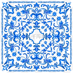 蓝色渐变花纹图片_葡萄牙瓷砖水彩蓝色渐变图形