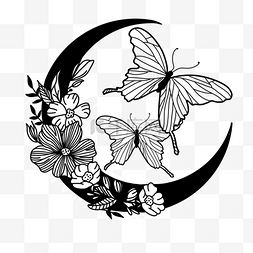 两只蝴蝶花纹图片_两只正面蝴蝶花卉月亮的黑白剪影