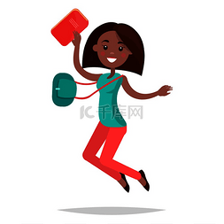 跳跃的女学生图片_跳跃的非洲女学生穿着绿松石衬衫