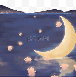 中元节河流远山夜晚放花灯