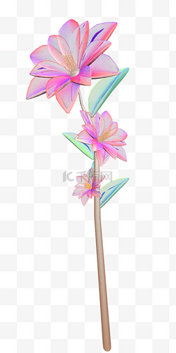 粉色植物盆栽图片_彩色3D立体新中式植物装饰