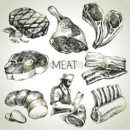美食素描图片_手绘素描肉制品套装矢量黑白复古