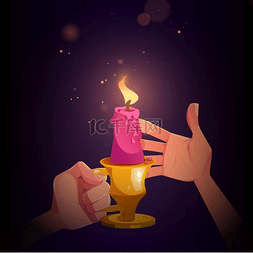 卡通火图片_手拿着金属烛台上的蜡烛，带手柄