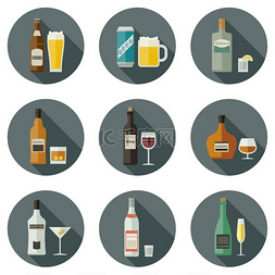 饮料和饮料图标。瓶装酒精饮料，