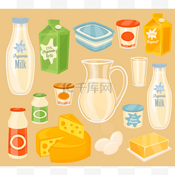 传统饮料图片_Dairy products on wooden table, milk, vector 