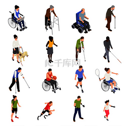 轮椅设计图片_残疾伤者户外活动等轴测图标与运