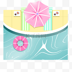 泳池边图片_泳池边的粉色遮阳伞