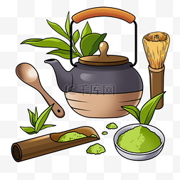 茶杯茶壶插画图片_抹茶茶具写实插画风格绿色