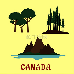 加拿大的自然和景观平面图标与针