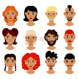 耳环插画图片_不同头发颜色和发型的男性和女性