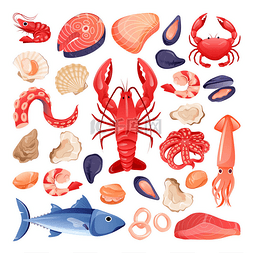 海鲜和新鲜生鱼片。矢量平面卡通