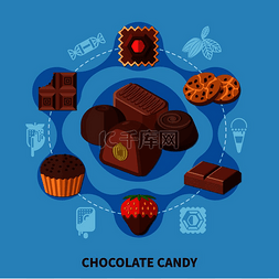 美味的巧克力图片_扁平圆形组合物，包括巧克力棒、