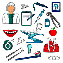 带工具和牙医设备的女牙医，如椅