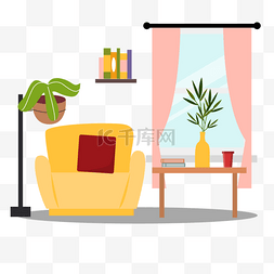 家具插画家具设计图片_客厅房间起居室扁平风格拉开的窗