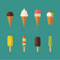 味道夏天图片_冰淇淋平面图标集带有华夫饼蛋筒