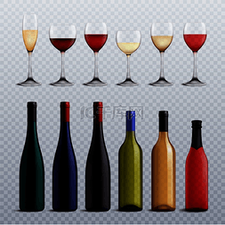 酒瓶和玻璃杯装满不同品种的酒在