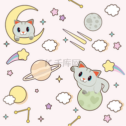 可爱的猫玩月亮和行星与星云和彩