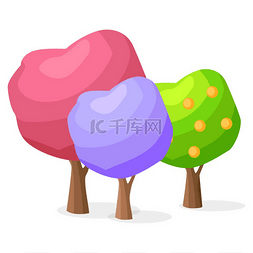 卡通水果桃子背景图片_一套紫色和粉红色的树林，绿色的