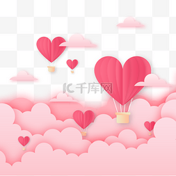红色热气球图片_粉色云朵红色爱心剪纸热气球