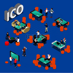 蓝色背景经济图片_ICO 概念等距组合与 cryptocurrency 动