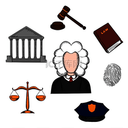 法律、法官和司法图标围绕着一名