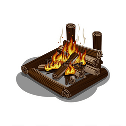 原木篝火火焰隔离在白色壁炉温暖