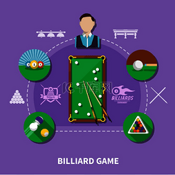 体育运动标志图片_淡紫色背景的台球游戏组合，带有