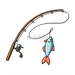 钓鱼杆和小鱼在白色背景上孤立的
