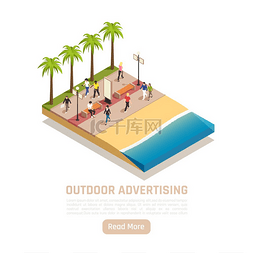 城市商业背景图片_户外广告等距背景海岸线和树木广