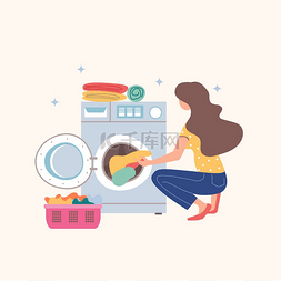 洗衣机洗衣图片_房屋清洁女孩把脏衣服放在洗衣机