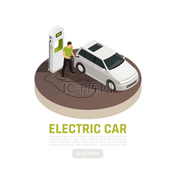 智能汽车背景图片_绿色能源生态等距背景与电动汽车